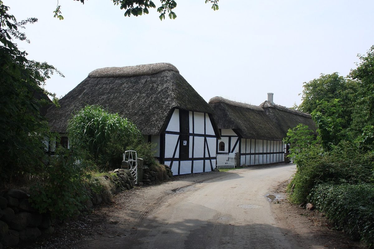 Huizen met rieten daken in het dorp op het eiland Lyø in de Deense Zuidzee