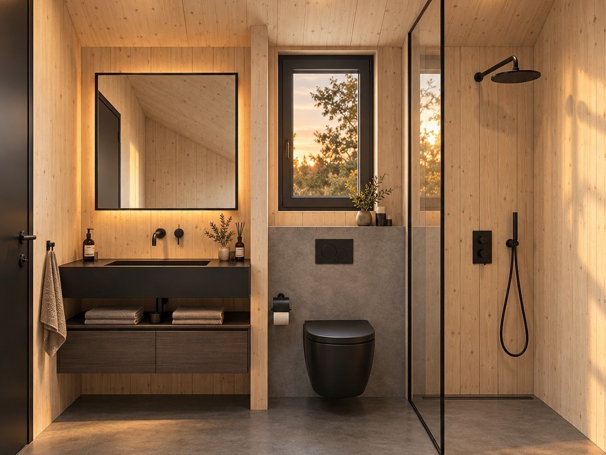 Visualisatie van een badkamer met houten wandafwerking, zwarte kranen en inloopdouche
