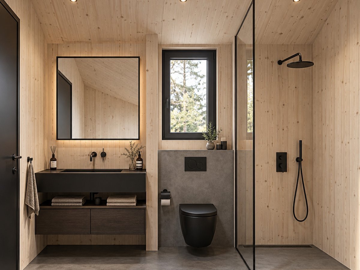 Visualisatie van een badkamer met houten wandafwerking en inloopdouche