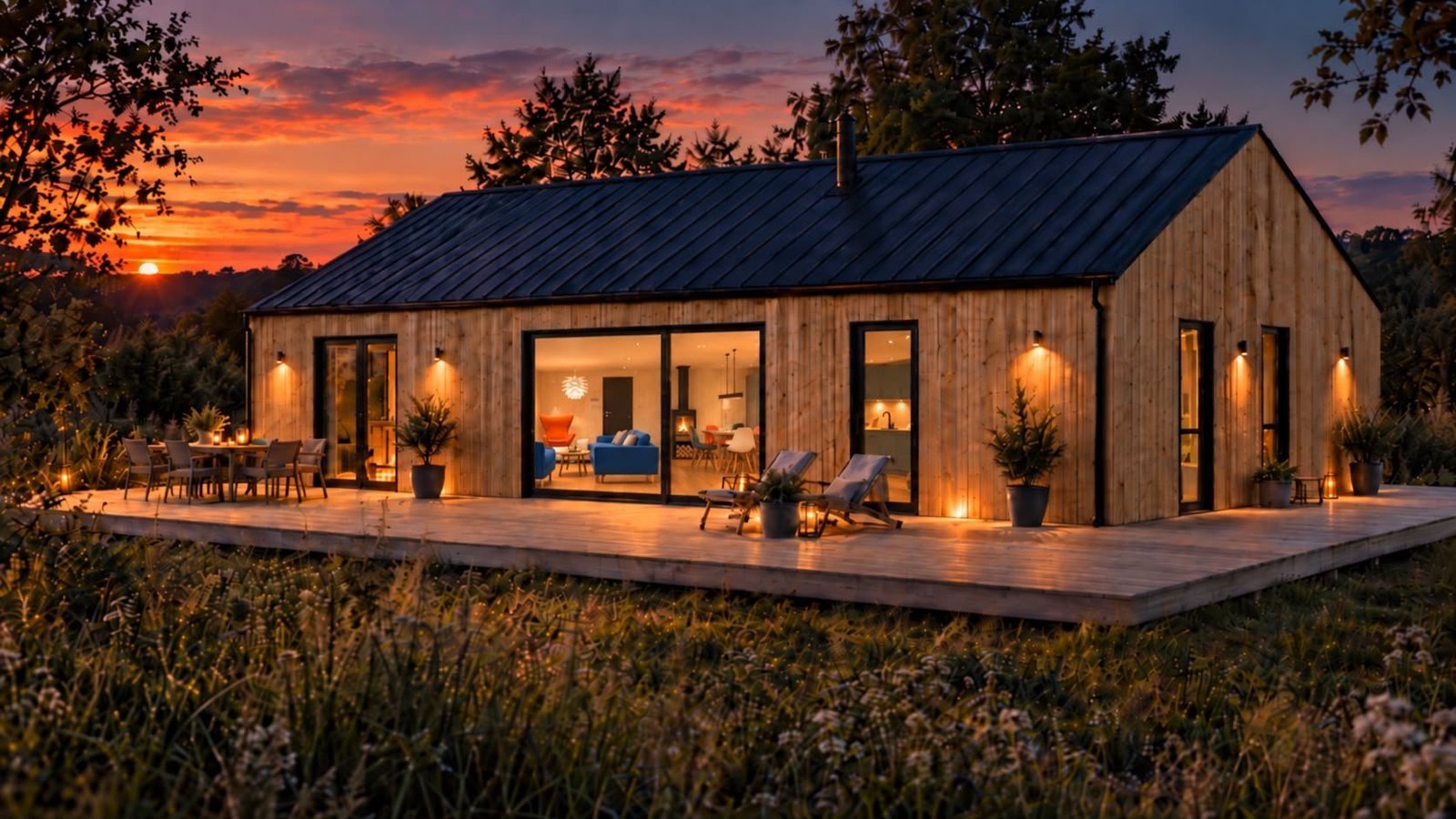 Visualisatie van Dansk Cottage: houten huis met terras in de avondschemering
