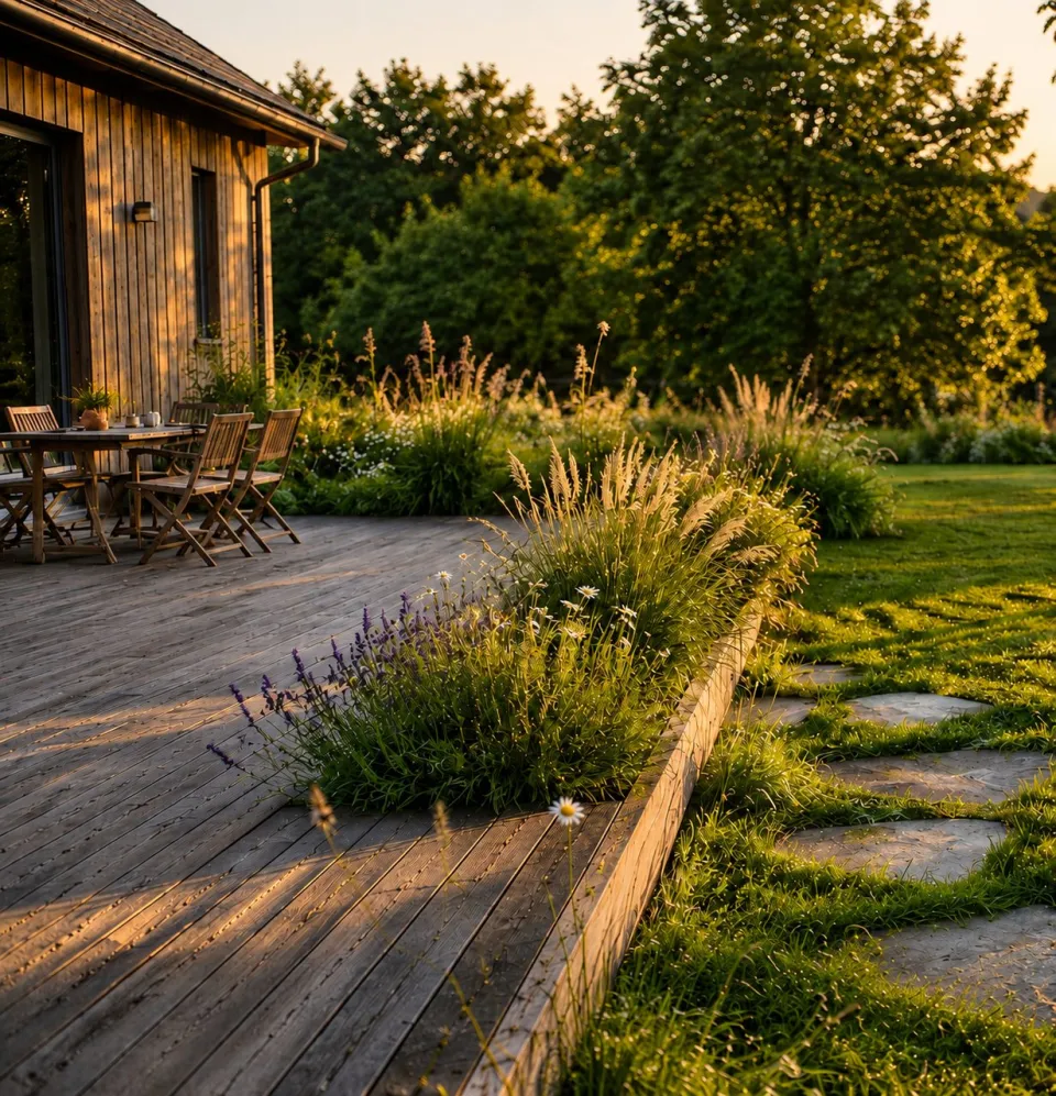 Visualisatie: houten terras met grassen, lavendel en stapstenen op het natuurperceel
