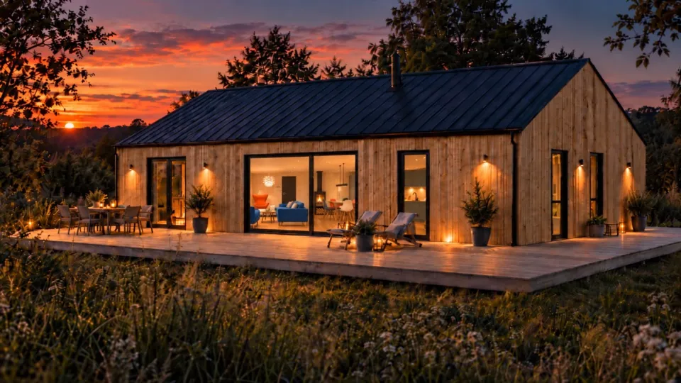 Visualisatie van Dansk Cottage: houten huis met groot terras in de avondschemering