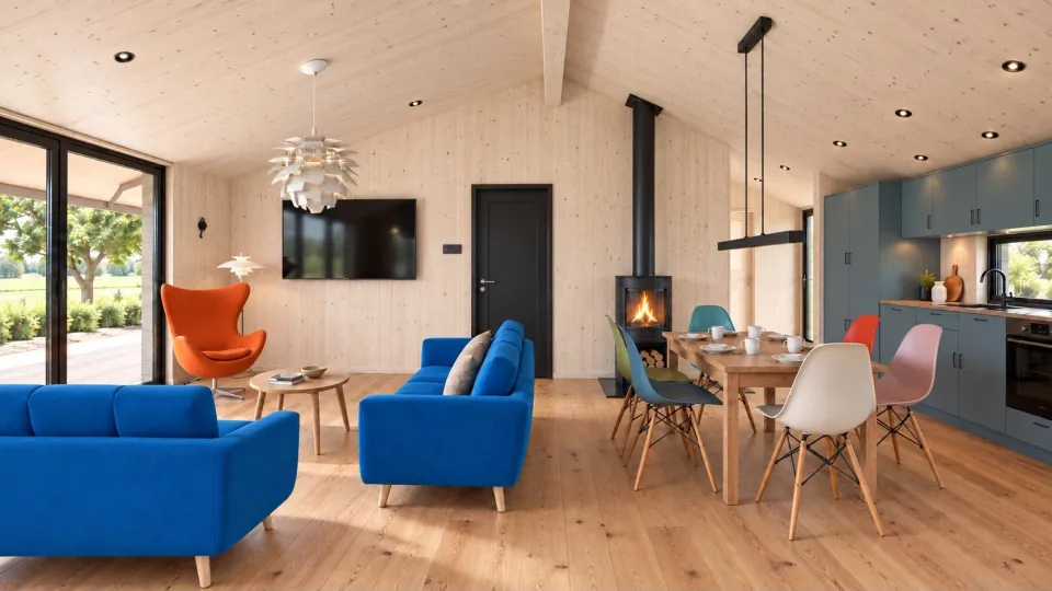 Visualisatie van de open woonkamer met blauwe bank, houtkachel en eettafel