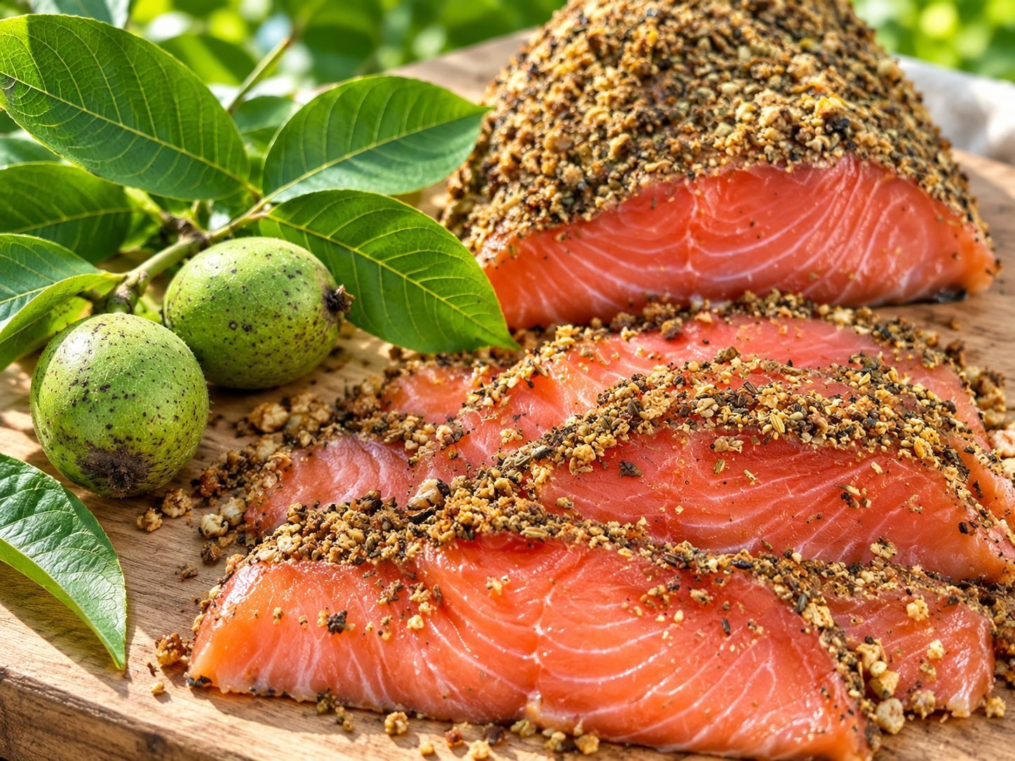 Graved Lachs &AElig;r&oslash; with toasted walnuts, beside green walnuts and walnut leaves