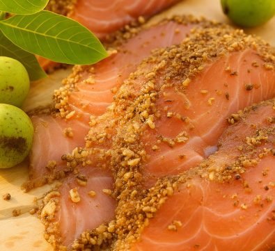 Graved zalm Ærø met geroosterde walnoten, met daarnaast groene walnoten en walnotenbladeren