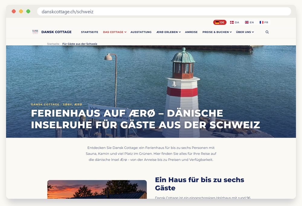 Screenshot of the website DanskCottage.ch