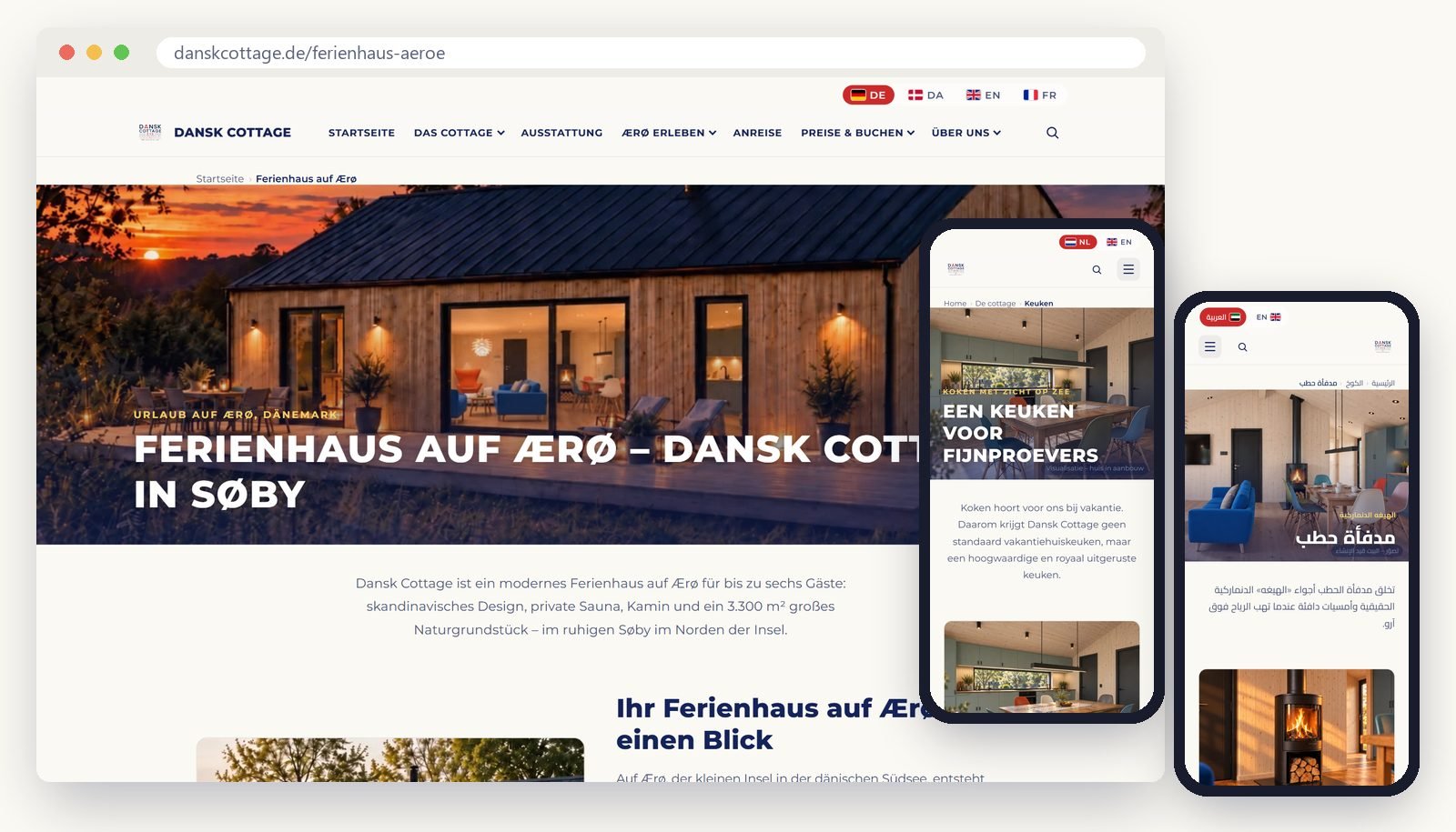 The Dansk Cottage websites on laptop and smartphone: German, Dutch and Arabic